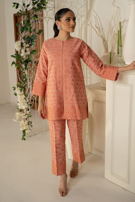 Safaa Designer Orange Moonga Silk Kurta Pant Set 