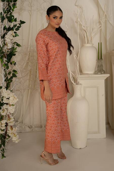Safaa Orange Shantoon Embroidery Round Neck Designer Moonga Silk Kurta Pant Set Online at Aza Fashions Safaa_Orange Shantoon Embroidery Round Neck Designer Moonga Silk Kurta Pant Set _Online_at_Aza_Fashions