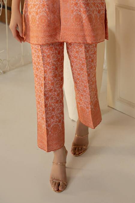 Buy Safaa Orange Shantoon Embroidery Round Neck Designer Moonga Silk Kurta Pant Set Online at Aza Fashions Buy_Safaa_Orange Shantoon Embroidery Round Neck Designer Moonga Silk Kurta Pant Set _Online_at_Aza_Fashions