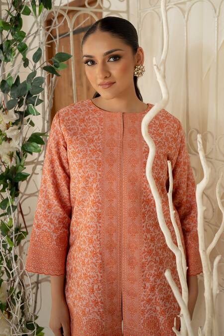Shop Safaa Orange Shantoon Embroidery Round Neck Designer Moonga Silk Kurta Pant Set Online at Aza Fashions Shop_Safaa_Orange Shantoon Embroidery Round Neck Designer Moonga Silk Kurta Pant Set _Online_at_Aza_Fashions