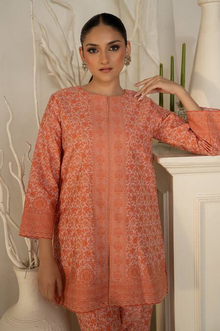 Safaa Orange Shantoon Embroidery Round Neck Designer Moonga Silk Kurta Pant Set at Aza Fashions Safaa_Orange Shantoon Embroidery Round Neck Designer Moonga Silk Kurta Pant Set _at_Aza_Fashions