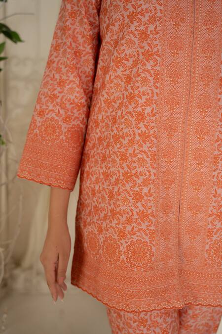 Buy Safaa Orange Shantoon Embroidery Round Neck Designer Moonga Silk Kurta Pant Set Buy_Safaa_Orange Shantoon Embroidery Round Neck Designer Moonga Silk Kurta Pant Set