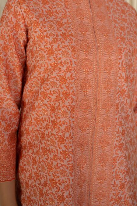 Shop Safaa Orange Shantoon Embroidery Round Neck Designer Moonga Silk Kurta Pant Set Shop_Safaa_Orange Shantoon Embroidery Round Neck Designer Moonga Silk Kurta Pant Set