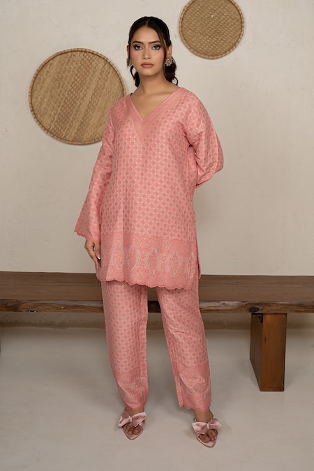 Safaa Peach Giselle Moonga Silk Kurta Pant Set 