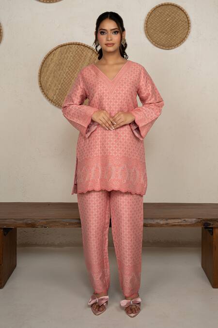 Buy Safaa Peach Shantoon Embroidery V-neck Giselle Moonga Silk Kurta Pant Set Buy_Safaa_Peach Shantoon Embroidery V-neck Giselle Moonga Silk Kurta Pant Set