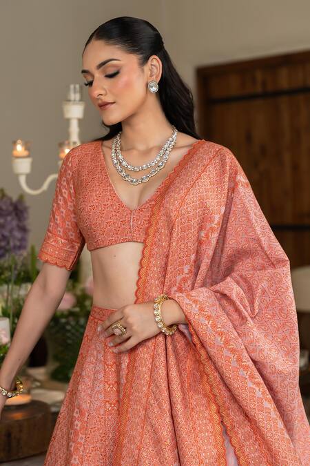Shop Safaa Orange Vegan Silk Embroidery V-neck Clementine Designer Lehenga Set Online at Aza Fashions Shop_Safaa_Orange Vegan Silk Embroidery V-neck Clementine Designer Lehenga Set _Online_at_Aza_Fashions