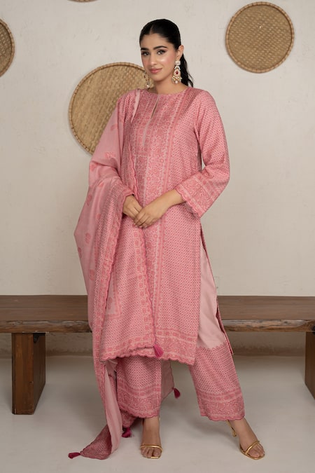 Shop Safaa Pink Vegan Silk, Shantoon Embroidery Round Neck Clementine Kurta Pant Set Online at Aza Fashions Shop_Safaa_Pink Vegan Silk, Shantoon Embroidery Round Neck Clementine Kurta Pant Set _Online_at_Aza_Fashions