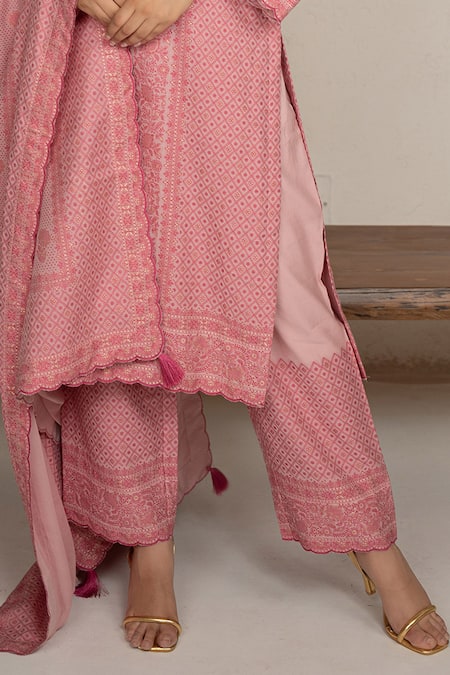 Safaa Pink Vegan Silk, Shantoon Embroidery Round Neck Clementine Kurta Pant Set at Aza Fashions Safaa_Pink Vegan Silk, Shantoon Embroidery Round Neck Clementine Kurta Pant Set _at_Aza_Fashions