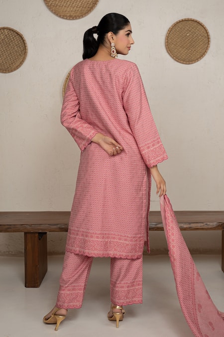 Shop Safaa Pink Vegan Silk, Shantoon Embroidery Round Neck Clementine Kurta Pant Set at Aza Fashions Shop_Safaa_Pink Vegan Silk, Shantoon Embroidery Round Neck Clementine Kurta Pant Set _at_Aza_Fashions