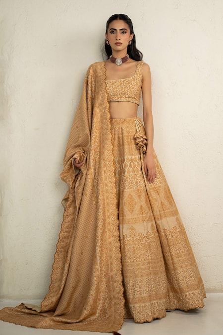 Buy Safaa Yellow Vegan Silk Sequins, Embroidery Round Neck Marigold Lenora Lehenga Set Online at Aza Fashions Buy_Safaa_Yellow Vegan Silk Sequins, Embroidery Round Neck Marigold Lenora Lehenga Set _Online_at_Aza_Fashions