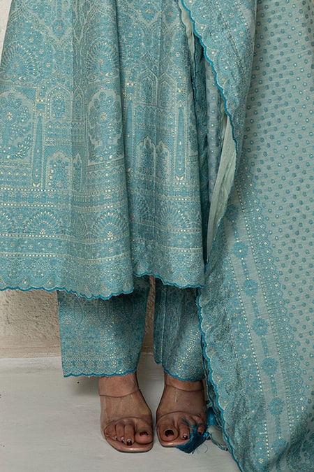 Safaa Aqua Embroidery Square Neck Blue Moonga Silk Anarkali Set Online at Aza Fashions Safaa_Aqua Embroidery Square Neck Blue Moonga Silk Anarkali Set _Online_at_Aza_Fashions