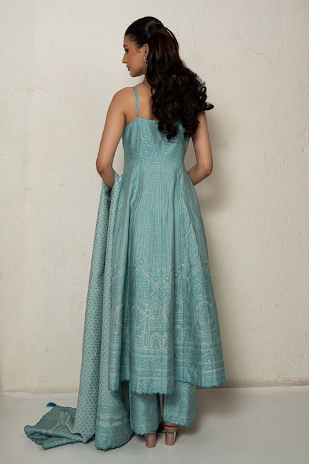 Shop Safaa Aqua Embroidery Square Neck Blue Moonga Silk Anarkali Set at Aza Fashions Shop_Safaa_Aqua Embroidery Square Neck Blue Moonga Silk Anarkali Set _at_Aza_Fashions