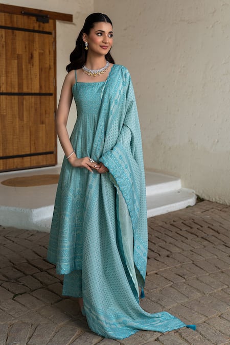 Buy Safaa Aqua Embroidery Square Neck Blue Moonga Silk Anarkali Set Online at Aza Fashions Buy_Safaa_Aqua Embroidery Square Neck Blue Moonga Silk Anarkali Set _Online_at_Aza_Fashions