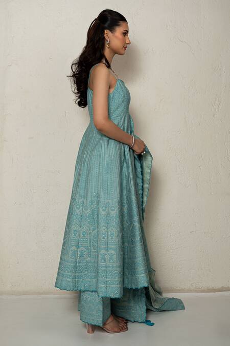 Safaa Aqua Embroidery Square Neck Blue Moonga Silk Anarkali Set at Aza Fashions Safaa_Aqua Embroidery Square Neck Blue Moonga Silk Anarkali Set _at_Aza_Fashions
