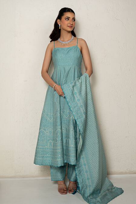 Buy Safaa Aqua Embroidery Square Neck Blue Moonga Silk Anarkali Set Buy_Safaa_Aqua Embroidery Square Neck Blue Moonga Silk Anarkali Set
