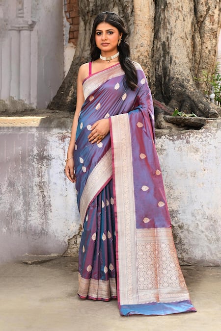 Naaritva India Handwoven Zari Work Purple Banarasi Saree With Running Blouse 