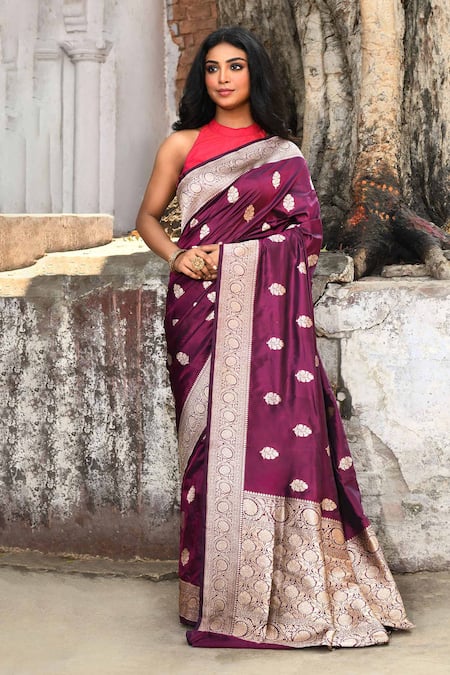 Naaritva India Handwoven Zari Work Purple Banarasi Saree With Running Blouse 