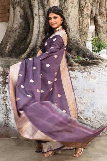 Shop_Naaritva India_Purple Zari Handwoven Work Banarasi Saree With Running Blouse _Online_at_Aza_Fashions