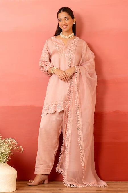 Charu Makkar Pink Linen, Satin, Organza Embroidery Round Neck Designer Salmon Kurta Set