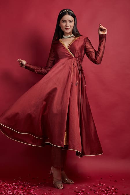 Vinusto Maroon , Cotton Tassels, Lace V-neck Flared Anarkali And Pant Set 