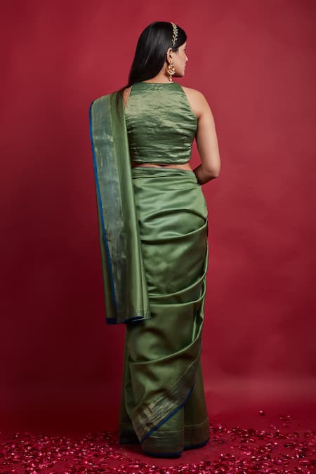 Shop Vinusto Olive Green Chanderi Zari Halter Neck Handwoven Saree Set at Aza Fashions Shop_Vinusto_Olive Green Chanderi Zari Halter Neck Handwoven Saree Set _at_Aza_Fashions