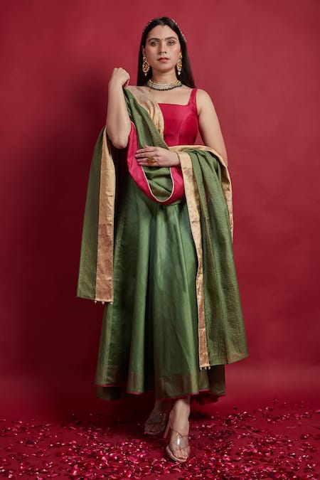 Vinusto Olive Green Chanderi Embroidery, Zari, Tassels Round Neck High Low Lehenga Set 