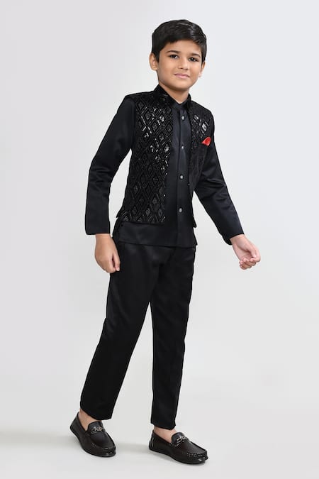 Petite Pomme_Black Velvet, Polyester Waistcoat Set _at_Aza_Fashions