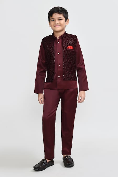 Petite Pomme_Wine Velvet, Polyester Embroidery Blazer Trouser Waistcoat Set _Online_at_Aza_Fashions