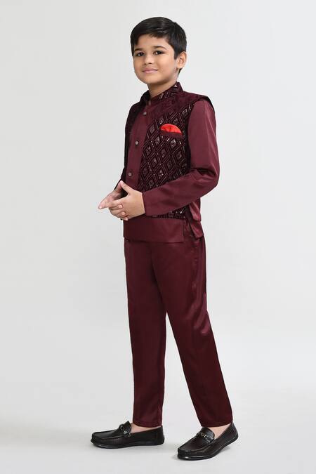 Buy_Petite Pomme_Wine Velvet, Polyester Embroidery Blazer Trouser Waistcoat Set _Online_at_Aza_Fashions