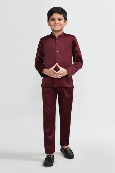 Shop_Petite Pomme_Wine Velvet, Polyester Embroidery Blazer Trouser Waistcoat Set _Online_at_Aza_Fashions