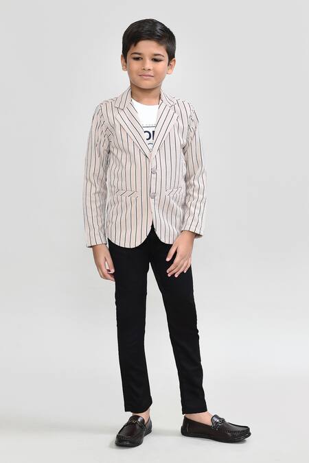 Petite Pomme_Beige Cotton Striped Blazer Set With T-shirt And Trouser _at_Aza_Fashions