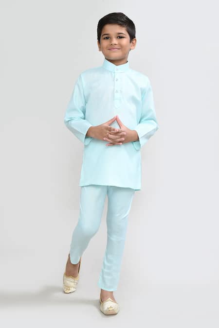 Petite Pomme_Mint Cotton Embroidery Designer Green Kurta Pyjama Waistcoat Set _Online_at_Aza_Fashions