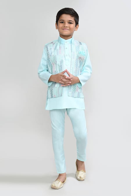 Buy_Petite Pomme_Mint Cotton Embroidery Designer Green Kurta Pyjama Waistcoat Set _Online_at_Aza_Fashions