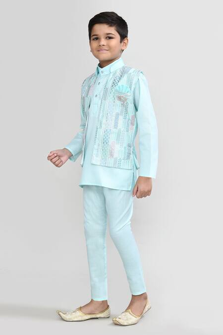 Shop_Petite Pomme_Mint Cotton Embroidery Designer Green Kurta Pyjama Waistcoat Set _Online_at_Aza_Fashions