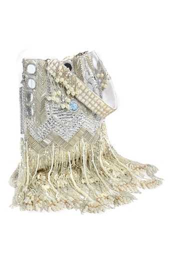 Nazaakat By Samara Singh_Silver Mirrors, Tassels, Embroidery Glamorous Potli Bag _Online_at_Aza_Fashions