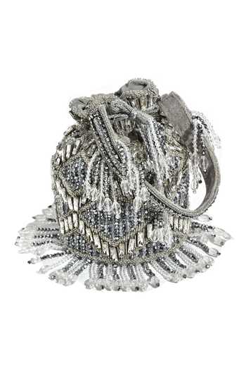 Nazaakat By Samara Singh_Gray Beads, Studs, Tassels Handcrafted Silver Round Potli _Online_at_Aza_Fashions