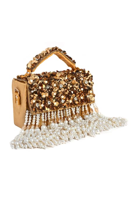 Nazaakat By Samara Singh_Gold Fabric Flowers, Pearls Suede Clutch Bag _Online_at_Aza_Fashions