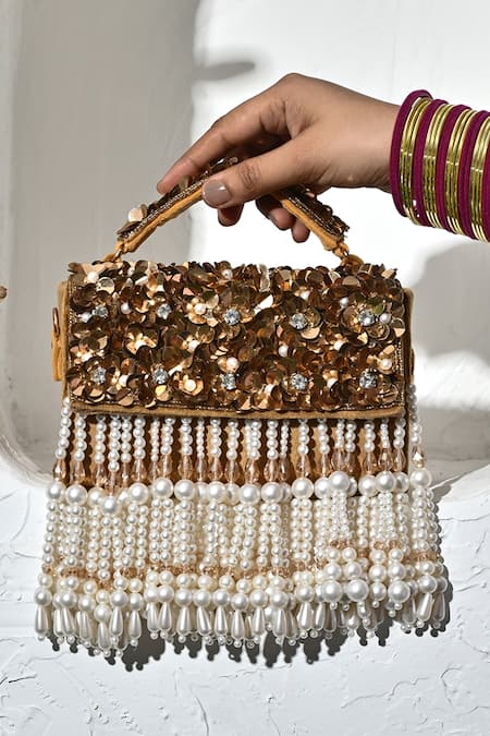 Nazaakat By Samara Singh Golden Suede Clutch Bag 