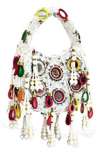 Nazaakat By Samara Singh_White Beads, Embroidery, Mirrors Elegant Half-moon Bag _Online_at_Aza_Fashions