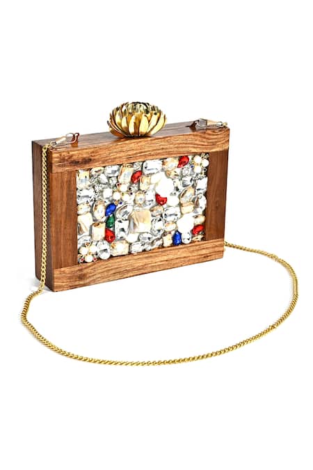 Nazaakat By Samara Singh_Brown Stones Artisan Wooden Frame Clutch _Online_at_Aza_Fashions
