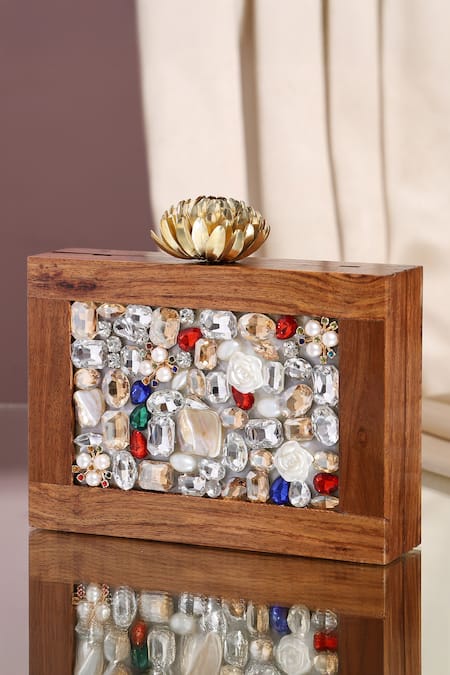 Nazaakat By Samara Singh Brown Stones Artisan Wooden Frame Clutch 