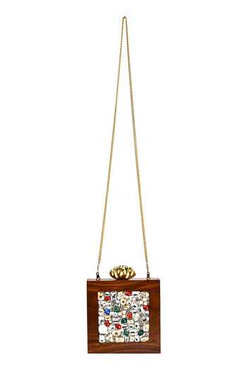 Shop Nazaakat By Samara Singh Brown Stones Stone-embellished Wooden Clutch at Aza Fashions Shop_Nazaakat By Samara Singh_Brown Stones Stone-embellished Wooden Clutch _at_Aza_Fashions