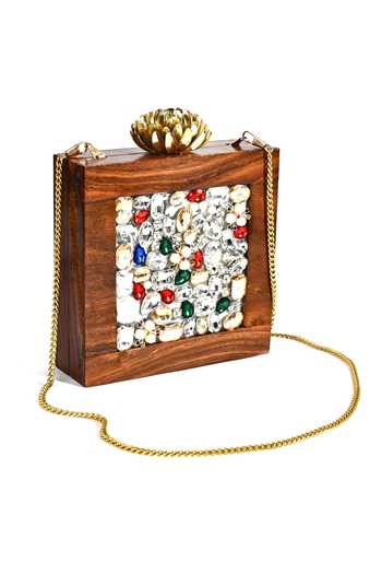 Nazaakat By Samara Singh Brown Stones Stone-embellished Wooden Clutch Online at Aza Fashions Nazaakat By Samara Singh_Brown Stones Stone-embellished Wooden Clutch _Online_at_Aza_Fashions