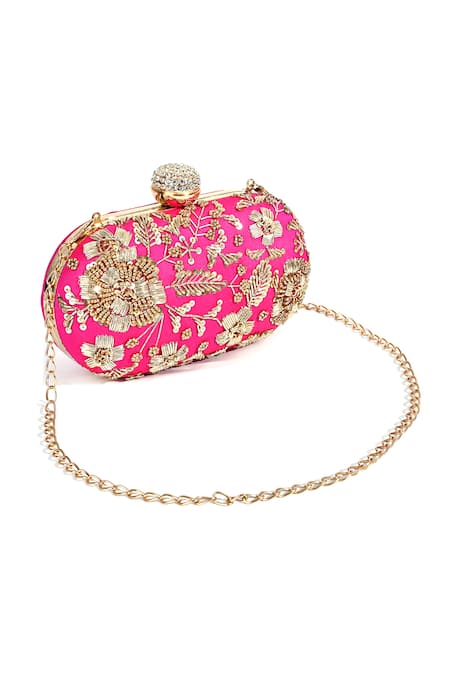 Nazaakat By Samara Singh_Pink Zari Hot Oval Sling Clutch Bag _Online_at_Aza_Fashions