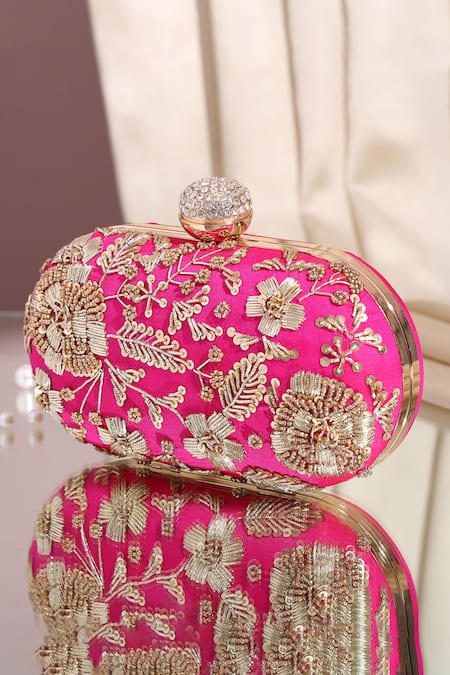 Nazaakat By Samara Singh Hot Pink Zari Oval Sling Clutch Bag 