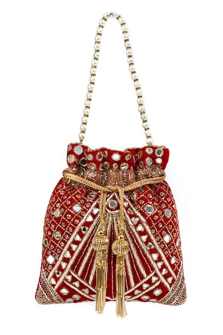 Nazaakat By Samara Singh_Red Embroidery, Mirrors Enchanting Golden Half-moon Potli Bag _Online_at_Aza_Fashions