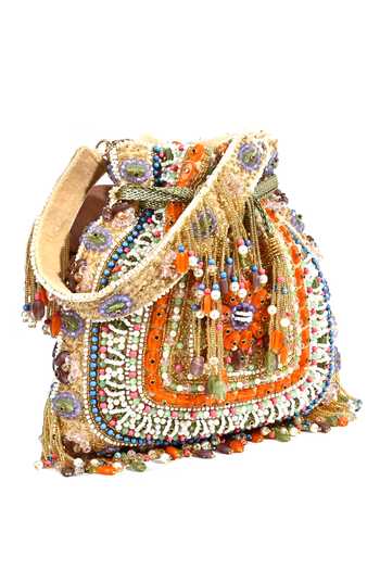Nazaakat By Samara Singh_Beige Beads, Tassels, Fringe Dazzling Silver Half-moon Potli Bag _Online_at_Aza_Fashions