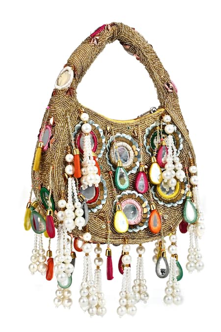 Nazaakat By Samara Singh_Gold Beads, Embroidery, Mirrors Glamorous Red Half-moon Bag _Online_at_Aza_Fashions