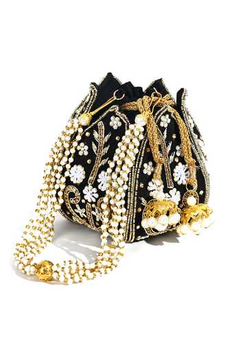 Nazaakat By Samara Singh Black Embroidery, Pearls Lotus Potli Bag Online at Aza Fashions Nazaakat By Samara Singh_Black Embroidery, Pearls Lotus Potli Bag _Online_at_Aza_Fashions
