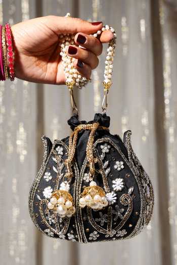 Buy Nazaakat By Samara Singh Black Embroidery, Pearls Lotus Potli Bag at Aza Fashions Buy_Nazaakat By Samara Singh_Black Embroidery, Pearls Lotus Potli Bag _at_Aza_Fashions